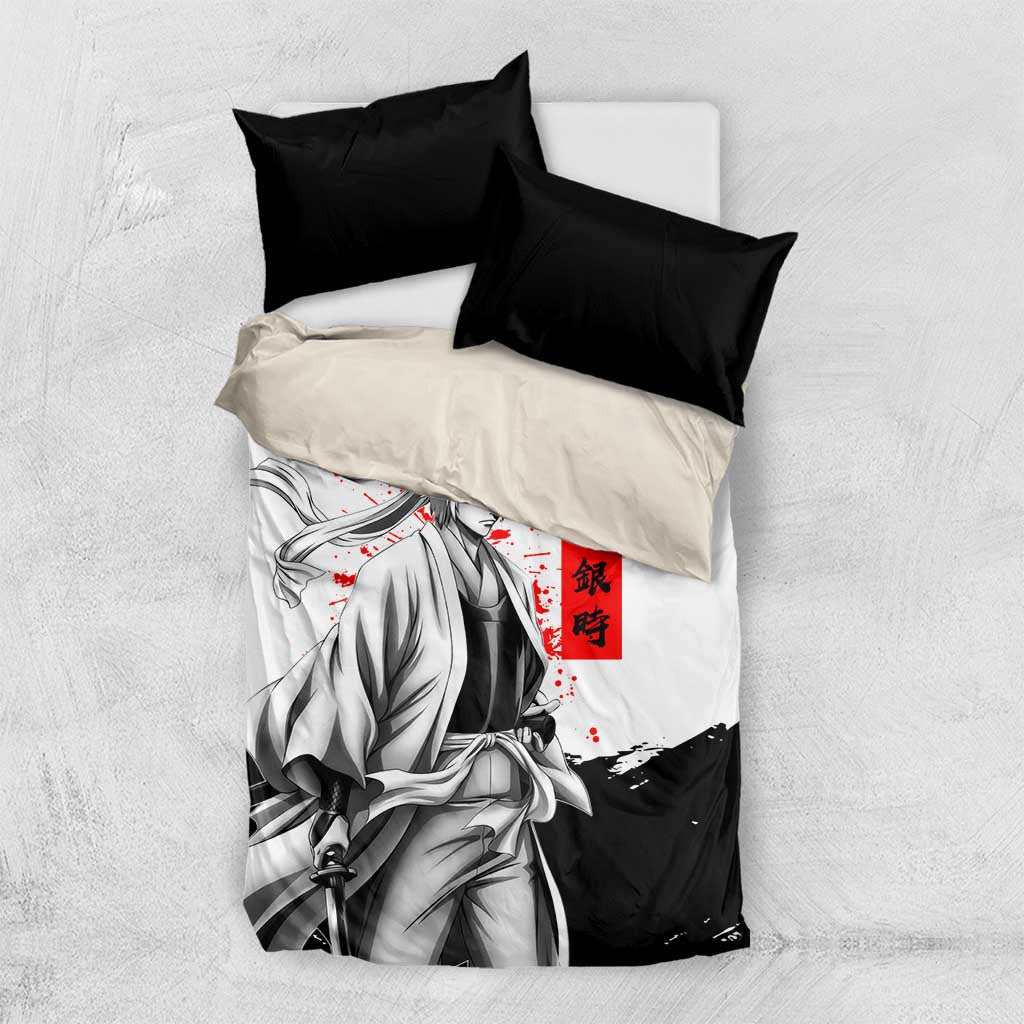Gintoki Sakata Gintama Samurai Design Bedding Set with Katana, Red Kanji Calligraphy and Oni Mask Graphic - The Mazicc