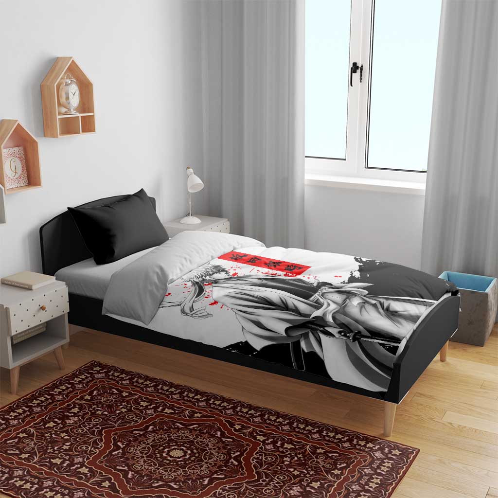 Gintoki Sakata Gintama Samurai Design Bedding Set with Katana, Red Kanji Calligraphy and Oni Mask Graphic - The Mazicc