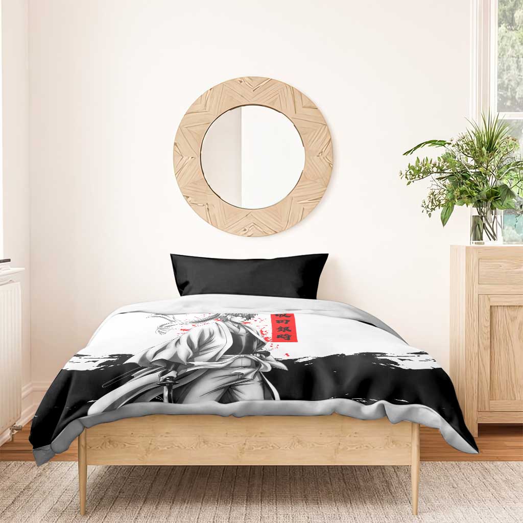 Gintoki Sakata Gintama Samurai Design Bedding Set with Katana, Red Kanji Calligraphy and Oni Mask Graphic - The Mazicc