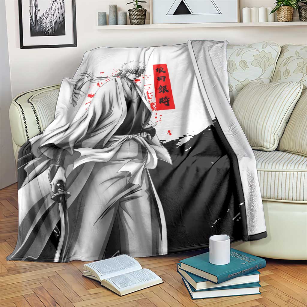 Gintoki Sakata Gintama Samurai Design Blanket with Katana, Red Kanji Calligraphy and Oni Mask Graphic - The Mazicc