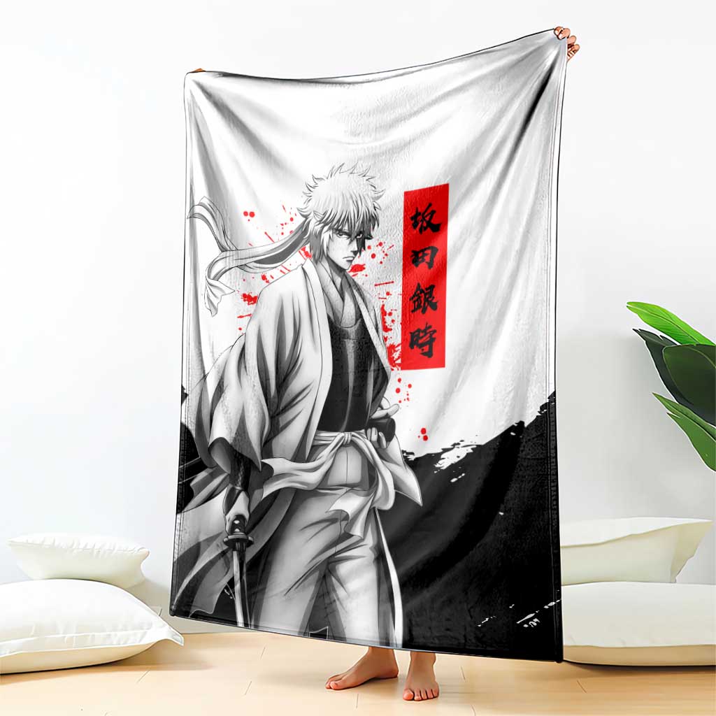 Gintoki Sakata Gintama Samurai Design Blanket with Katana, Red Kanji Calligraphy and Oni Mask Graphic - The Mazicc