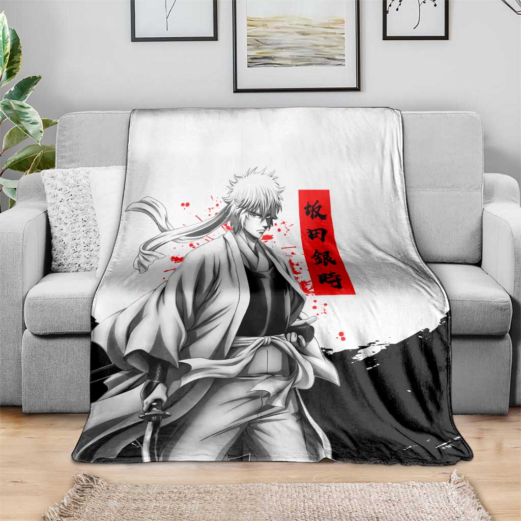 Gintoki Sakata Gintama Samurai Design Blanket with Katana, Red Kanji Calligraphy and Oni Mask Graphic - The Mazicc