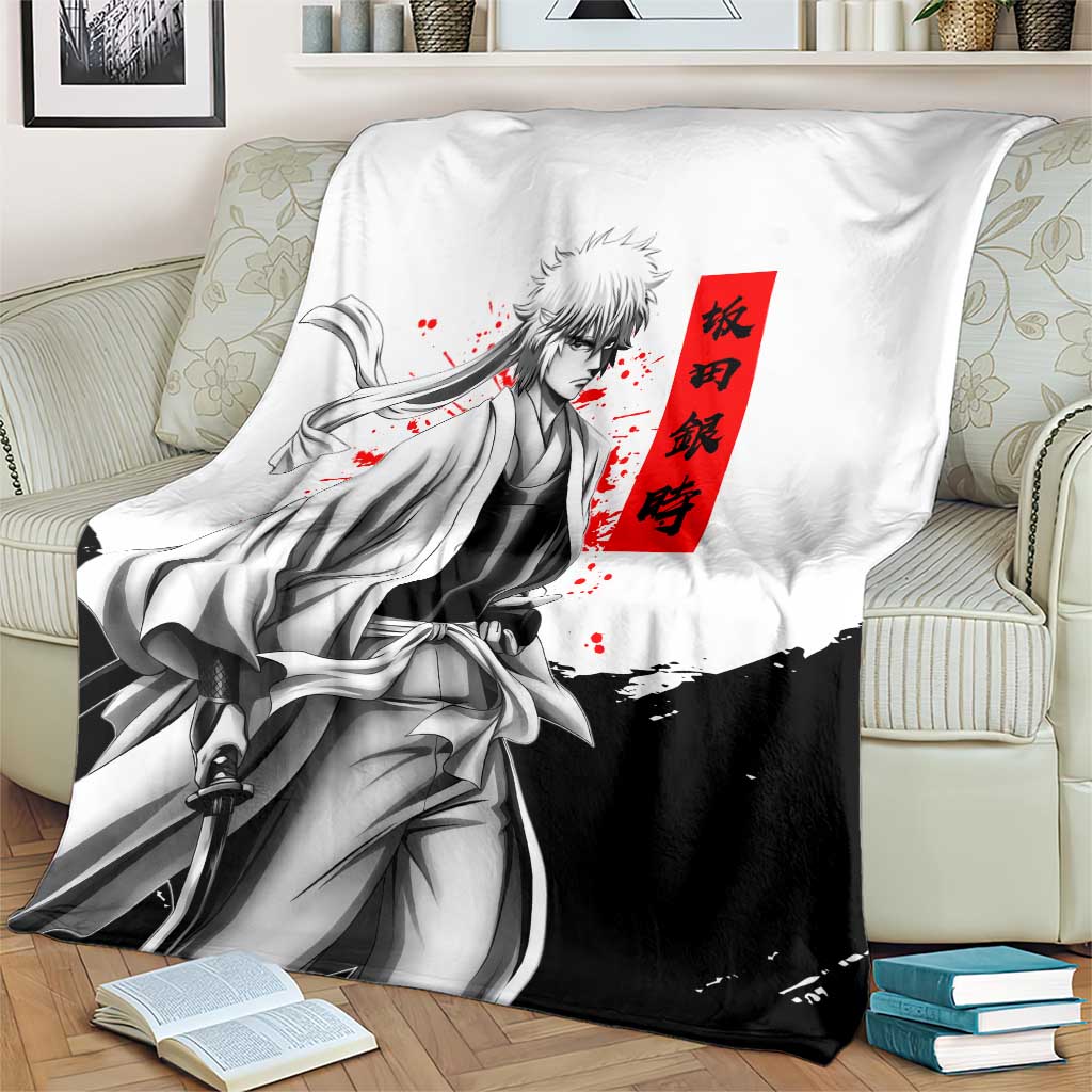 Gintoki Sakata Gintama Samurai Design Blanket with Katana, Red Kanji Calligraphy and Oni Mask Graphic - The Mazicc