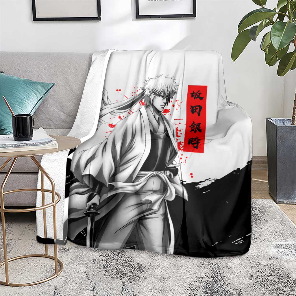 Gintoki Sakata Gintama Samurai Design Blanket with Katana, Red Kanji Calligraphy and Oni Mask Graphic - The Mazicc