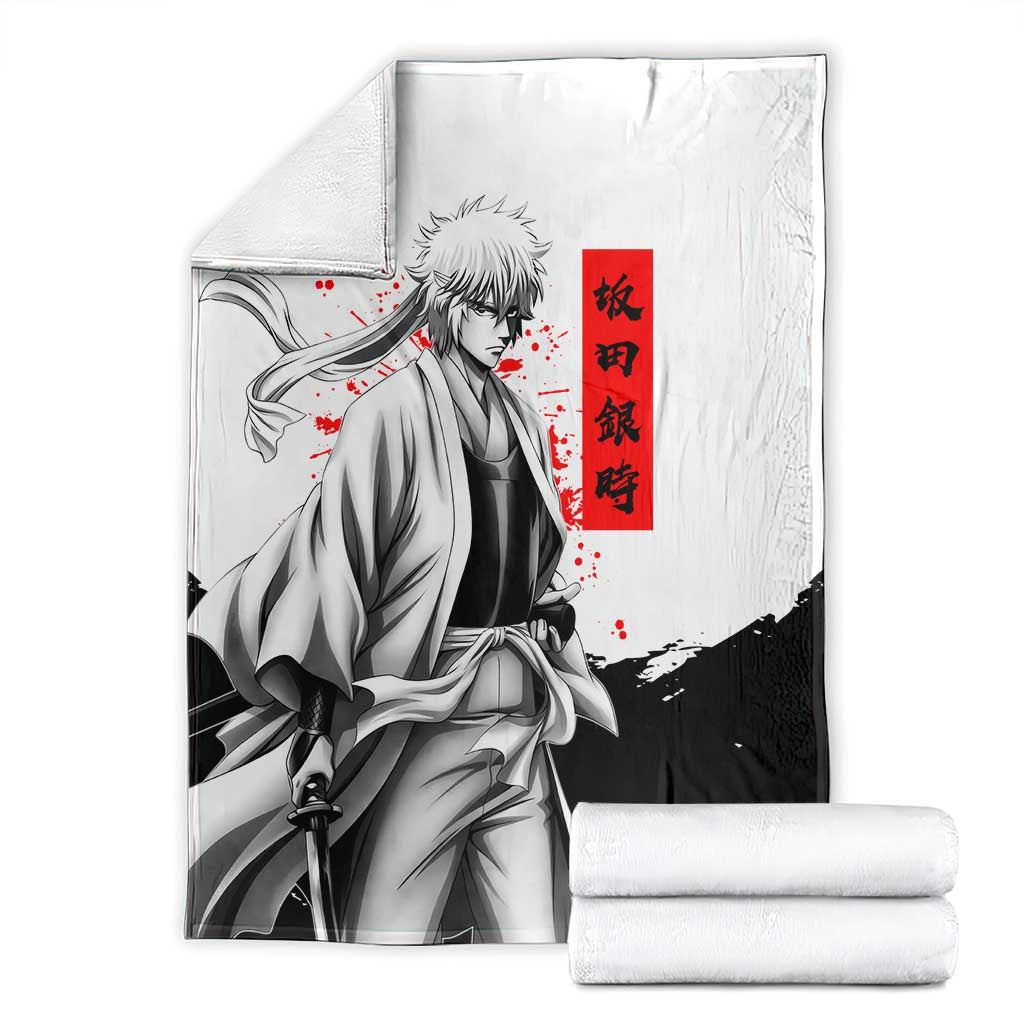 Gintoki Sakata Gintama Samurai Design Blanket with Katana, Red Kanji Calligraphy and Oni Mask Graphic - The Mazicc