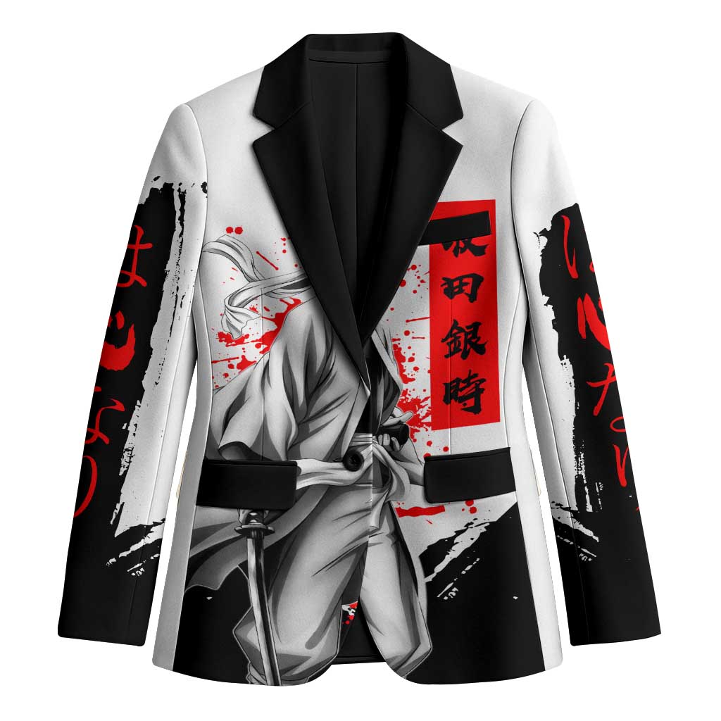 Gintoki Sakata Gintama Samurai Design Blazer with Katana, Red Kanji Calligraphy and Oni Mask Graphic - The Mazicc