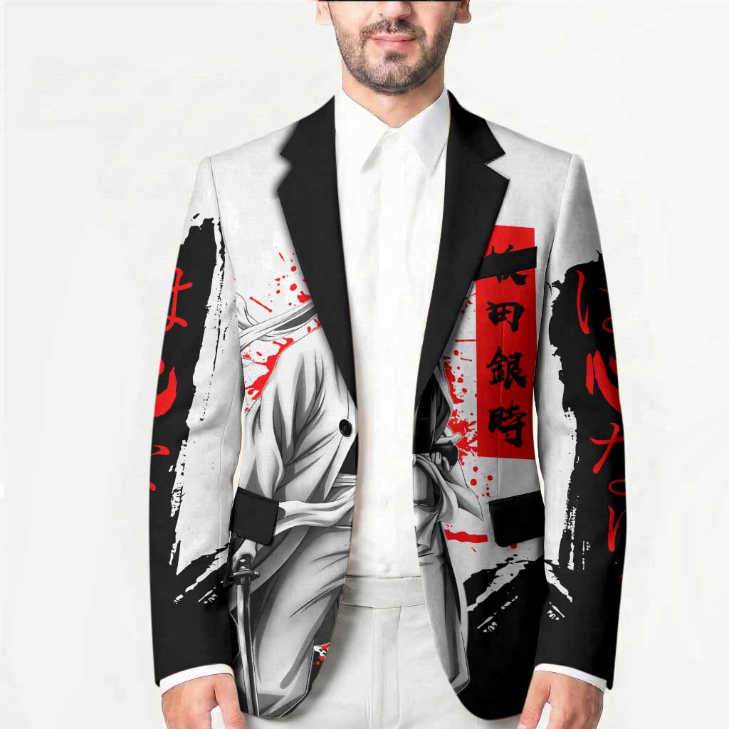 Gintoki Sakata Gintama Samurai Design Blazer with Katana, Red Kanji Calligraphy and Oni Mask Graphic - The Mazicc