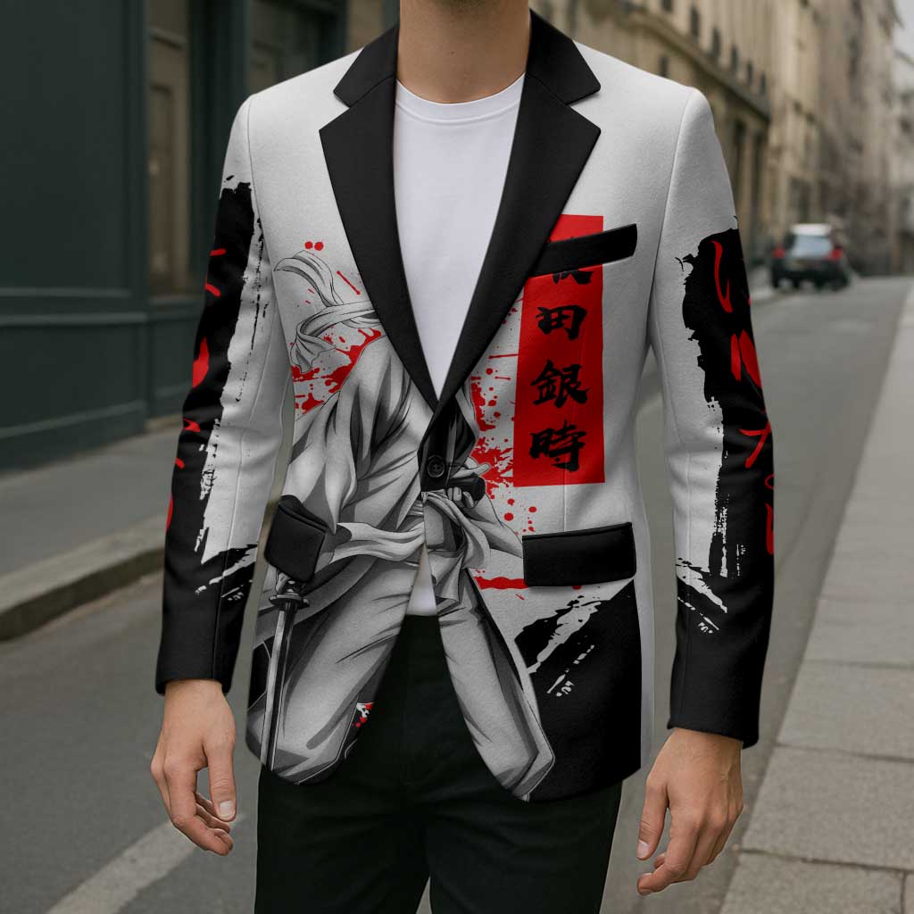 Gintoki Sakata Gintama Samurai Design Blazer with Katana, Red Kanji Calligraphy and Oni Mask Graphic - The Mazicc