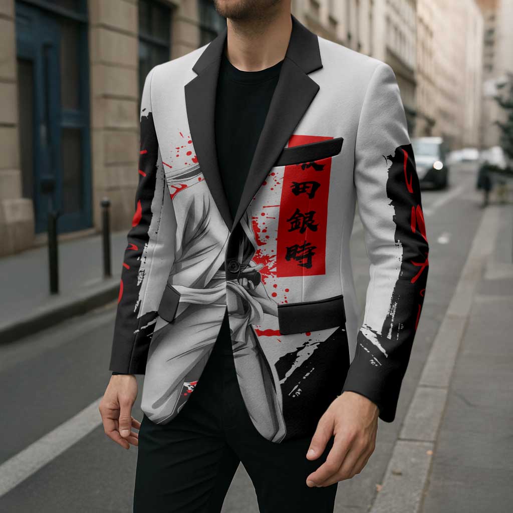 Gintoki Sakata Gintama Samurai Design Blazer with Katana, Red Kanji Calligraphy and Oni Mask Graphic - The Mazicc