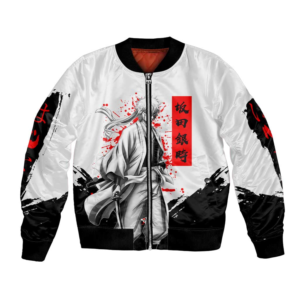 Gintoki Sakata Gintama Samurai Design Bomber Jacket with Katana, Red Kanji Calligraphy and Oni Mask Graphic - The Mazicc