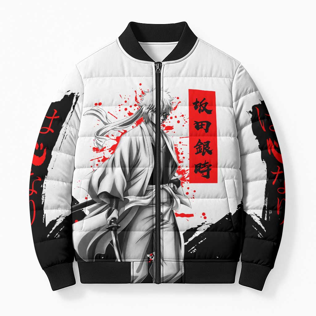 Gintoki Sakata Gintama Samurai Design Bomber Puffer Jacket with Katana, Red Kanji Calligraphy and Oni Mask Graphic - The Mazicc