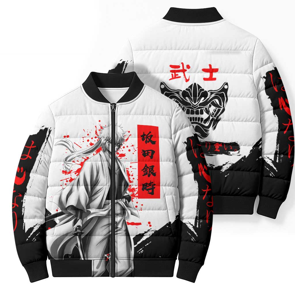 Gintoki Sakata Gintama Samurai Design Bomber Puffer Jacket with Katana, Red Kanji Calligraphy and Oni Mask Graphic - The Mazicc