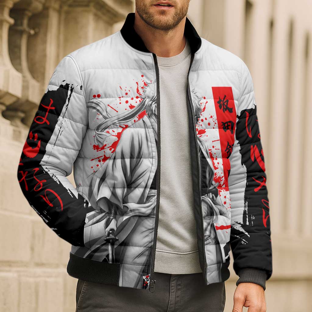 Gintoki Sakata Gintama Samurai Design Bomber Puffer Jacket with Katana, Red Kanji Calligraphy and Oni Mask Graphic - The Mazicc