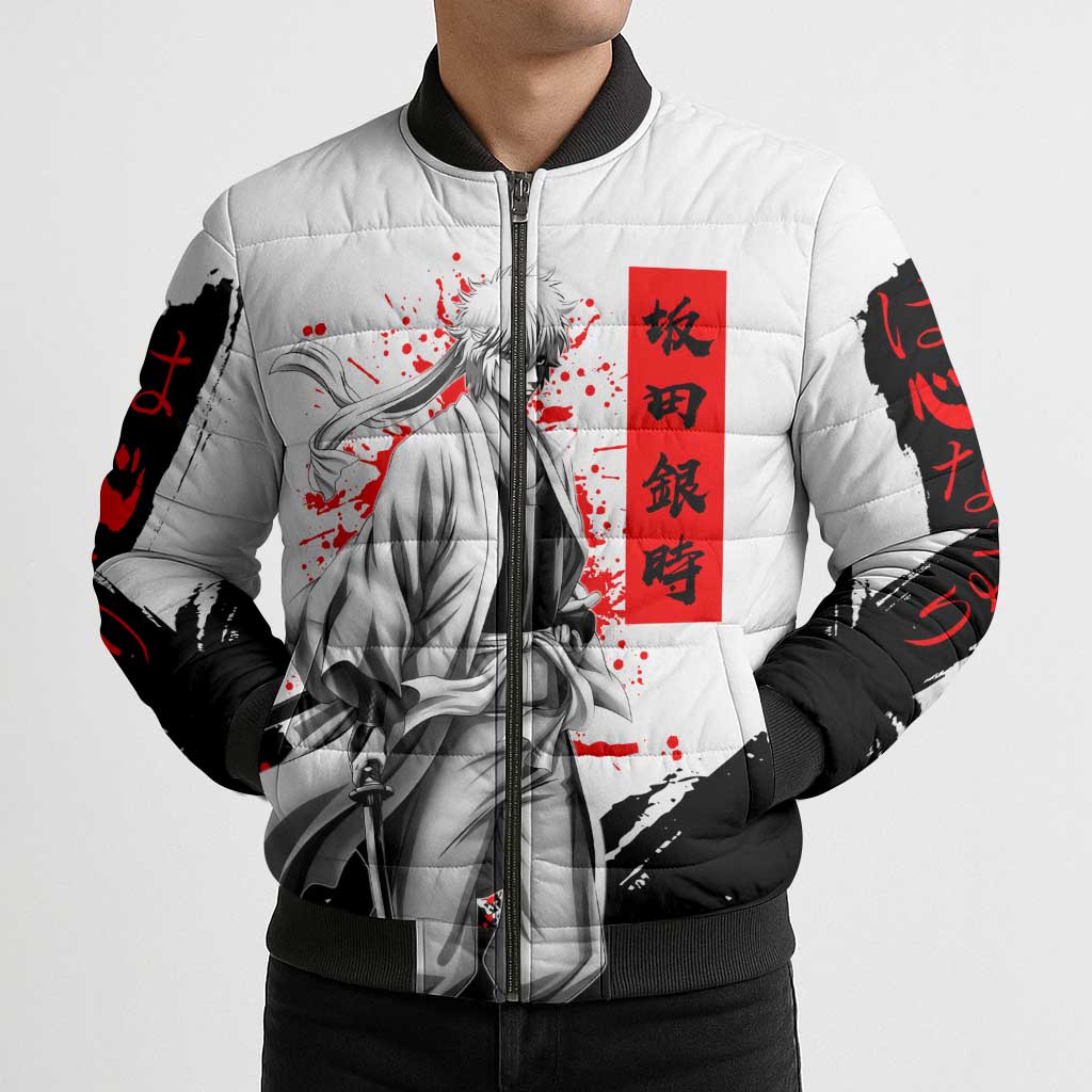 Gintoki Sakata Gintama Samurai Design Bomber Puffer Jacket with Katana, Red Kanji Calligraphy and Oni Mask Graphic - The Mazicc