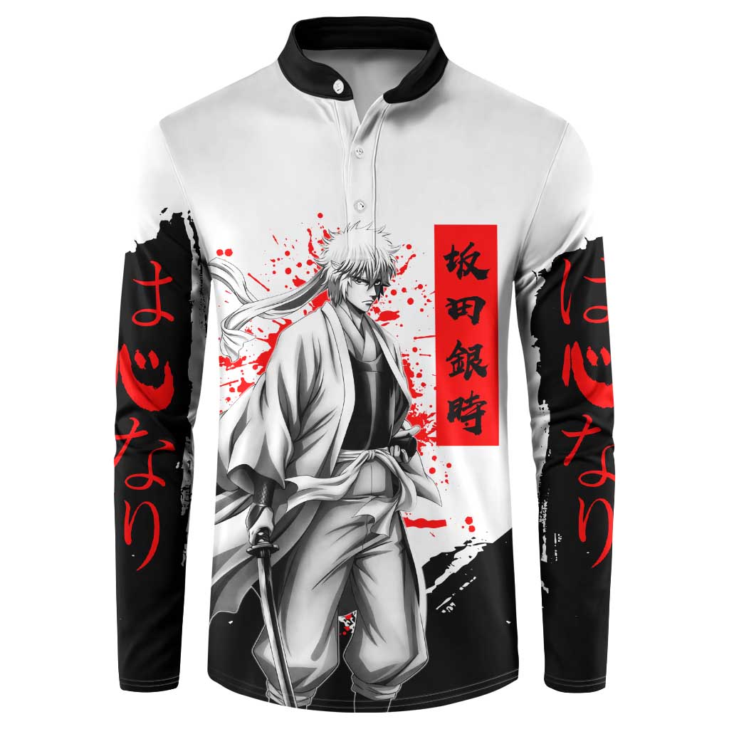 Gintoki Sakata Gintama Samurai Design Button Sweatshirt with Katana, Red Kanji Calligraphy and Oni Mask Graphic - The Mazicc