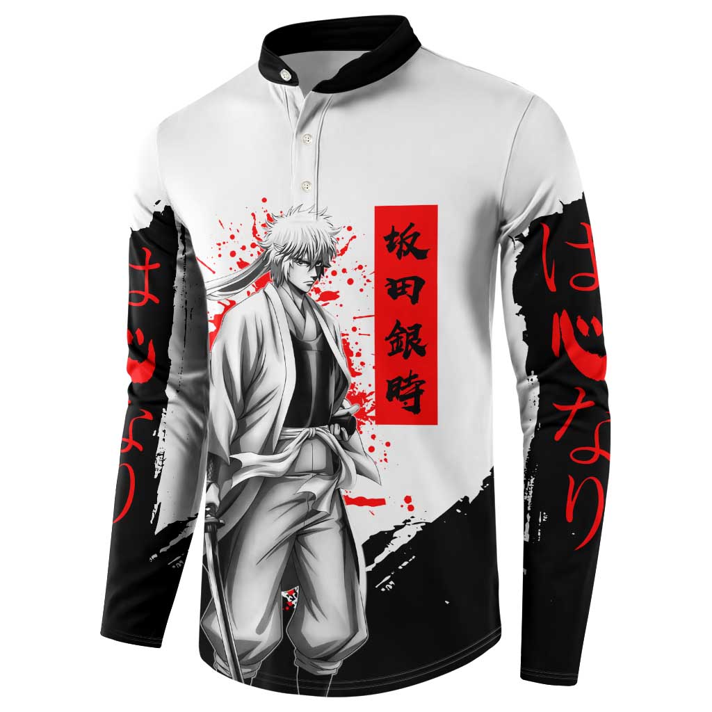 Gintoki Sakata Gintama Samurai Design Button Sweatshirt with Katana, Red Kanji Calligraphy and Oni Mask Graphic - The Mazicc