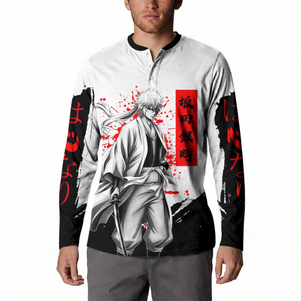 Gintoki Sakata Gintama Samurai Design Button Sweatshirt with Katana, Red Kanji Calligraphy and Oni Mask Graphic - The Mazicc