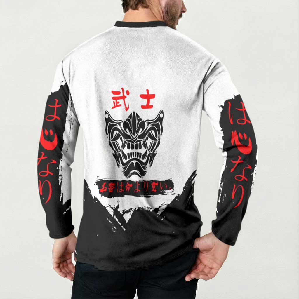 Gintoki Sakata Gintama Samurai Design Button Sweatshirt with Katana, Red Kanji Calligraphy and Oni Mask Graphic - The Mazicc
