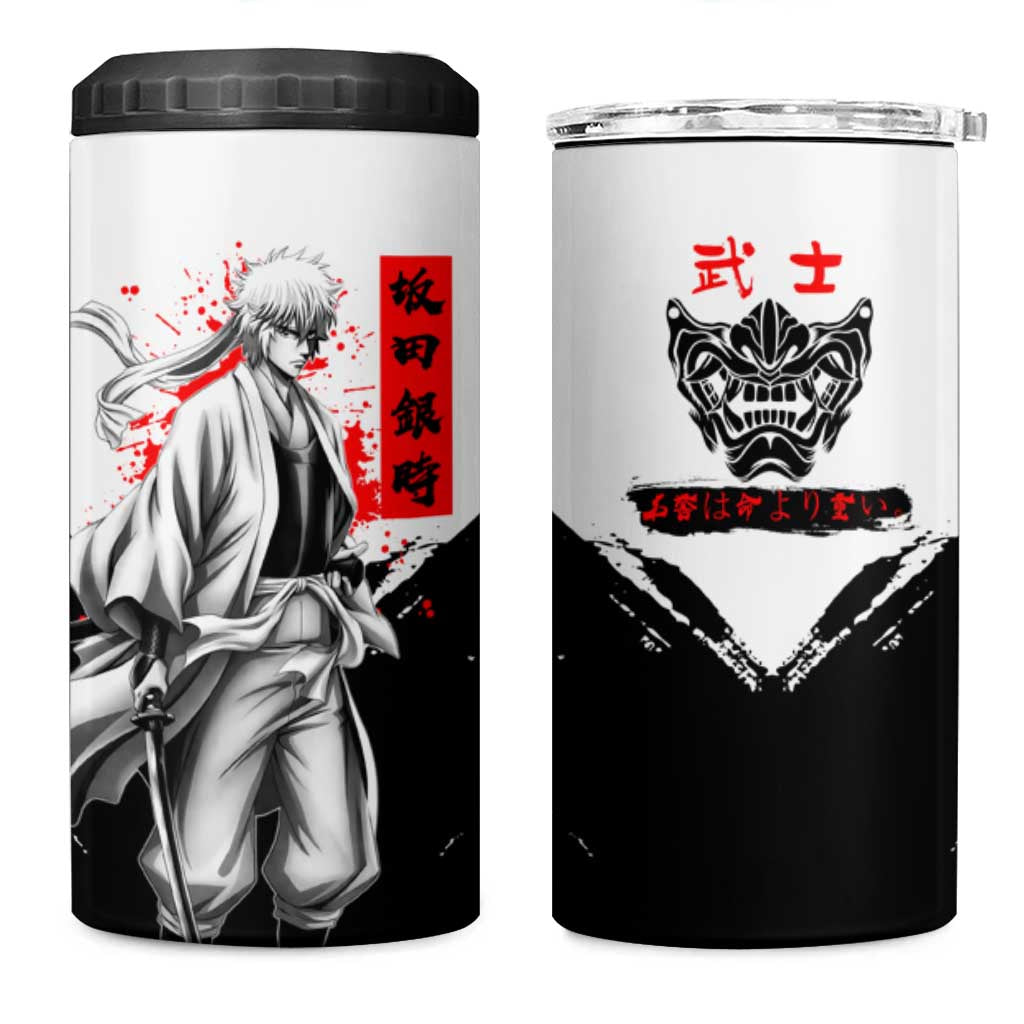 Gintoki Sakata Gintama Samurai Design 4 in 1 Can Cooler Tumbler with Katana, Red Kanji Calligraphy and Oni Mask Graphic - The Mazicc