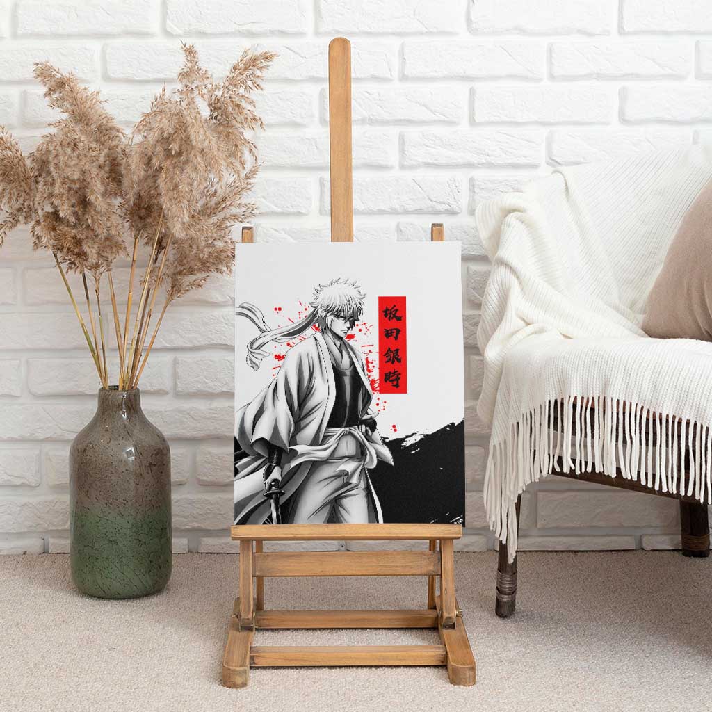 Gintoki Sakata Gintama Samurai Design Canvas Wall Art with Katana, Red Kanji Calligraphy and Oni Mask Graphic - The Mazicc