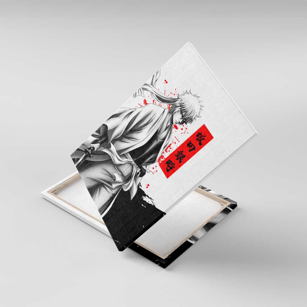 Gintoki Sakata Gintama Samurai Design Canvas Wall Art with Katana, Red Kanji Calligraphy and Oni Mask Graphic - The Mazicc