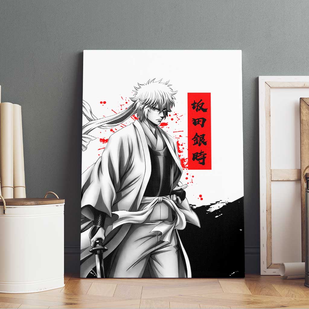 Gintoki Sakata Gintama Samurai Design Canvas Wall Art with Katana, Red Kanji Calligraphy and Oni Mask Graphic - The Mazicc