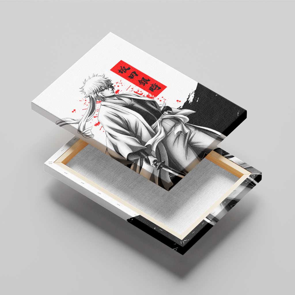 Gintoki Sakata Gintama Samurai Design Canvas Wall Art with Katana, Red Kanji Calligraphy and Oni Mask Graphic - The Mazicc