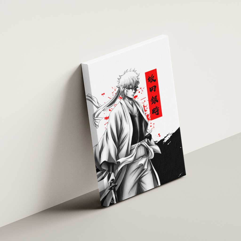 Gintoki Sakata Gintama Samurai Design Canvas Wall Art with Katana, Red Kanji Calligraphy and Oni Mask Graphic - The Mazicc