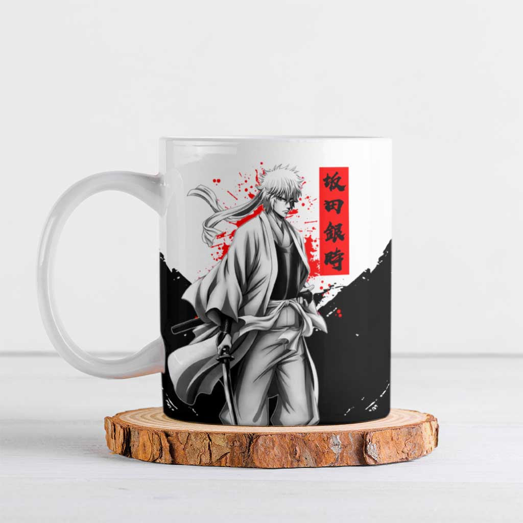 Gintoki Sakata Gintama Samurai Design Ceramic Mug with Katana, Red Kanji Calligraphy and Oni Mask Graphic - The Mazicc