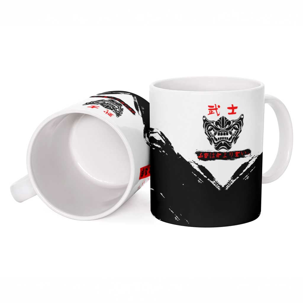 Gintoki Sakata Gintama Samurai Design Ceramic Mug with Katana, Red Kanji Calligraphy and Oni Mask Graphic - The Mazicc