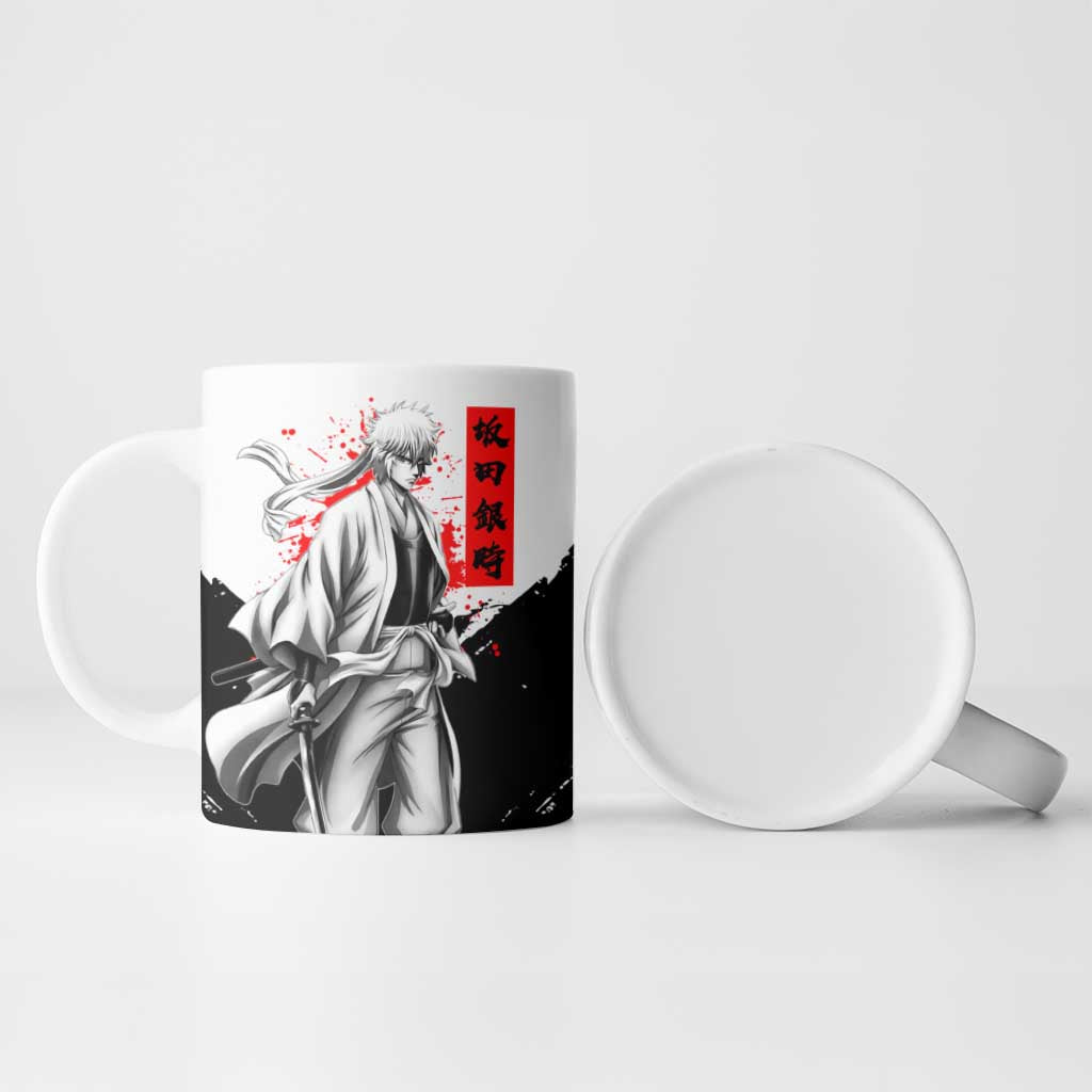 Gintoki Sakata Gintama Samurai Design Ceramic Mug with Katana, Red Kanji Calligraphy and Oni Mask Graphic - The Mazicc