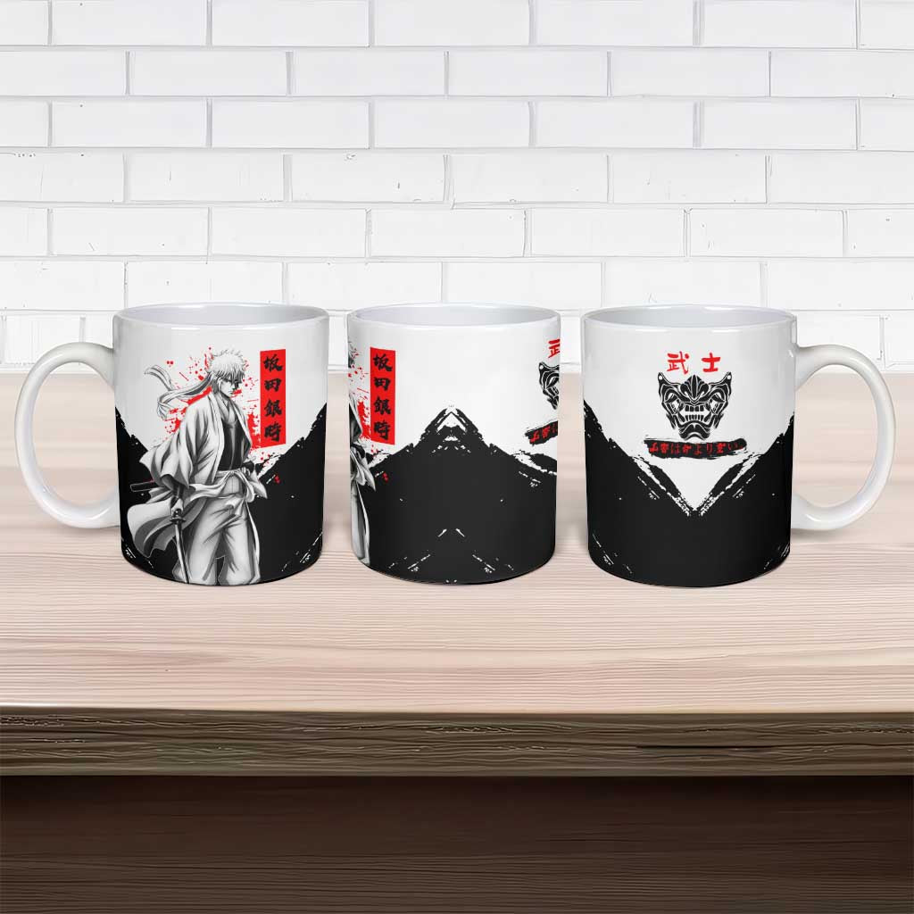 Gintoki Sakata Gintama Samurai Design Ceramic Mug with Katana, Red Kanji Calligraphy and Oni Mask Graphic - The Mazicc