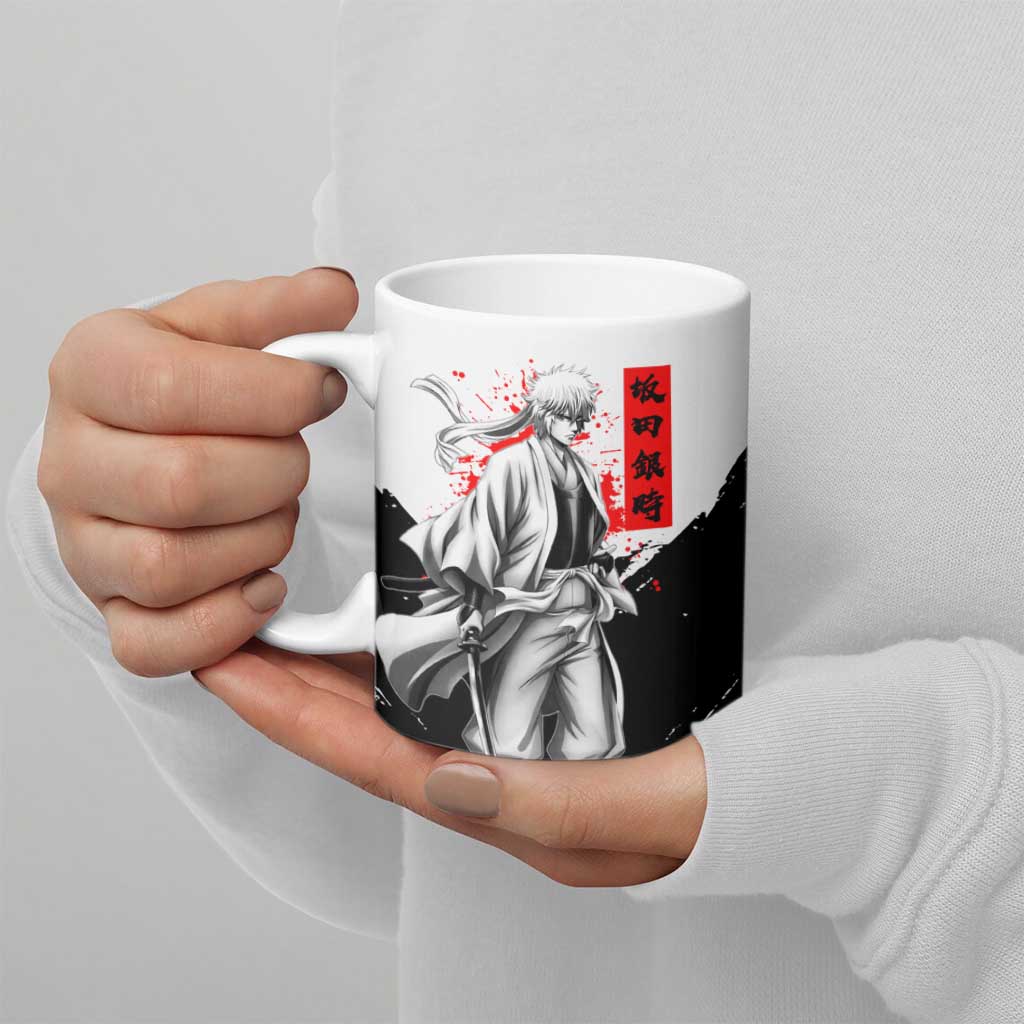 Gintoki Sakata Gintama Samurai Design Ceramic Mug with Katana, Red Kanji Calligraphy and Oni Mask Graphic - The Mazicc