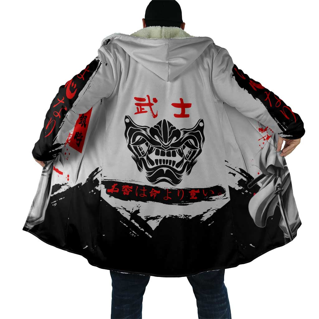 Gintoki Sakata Gintama Samurai Design Cloak with Katana, Red Kanji Calligraphy and Oni Mask Graphic - The Mazicc