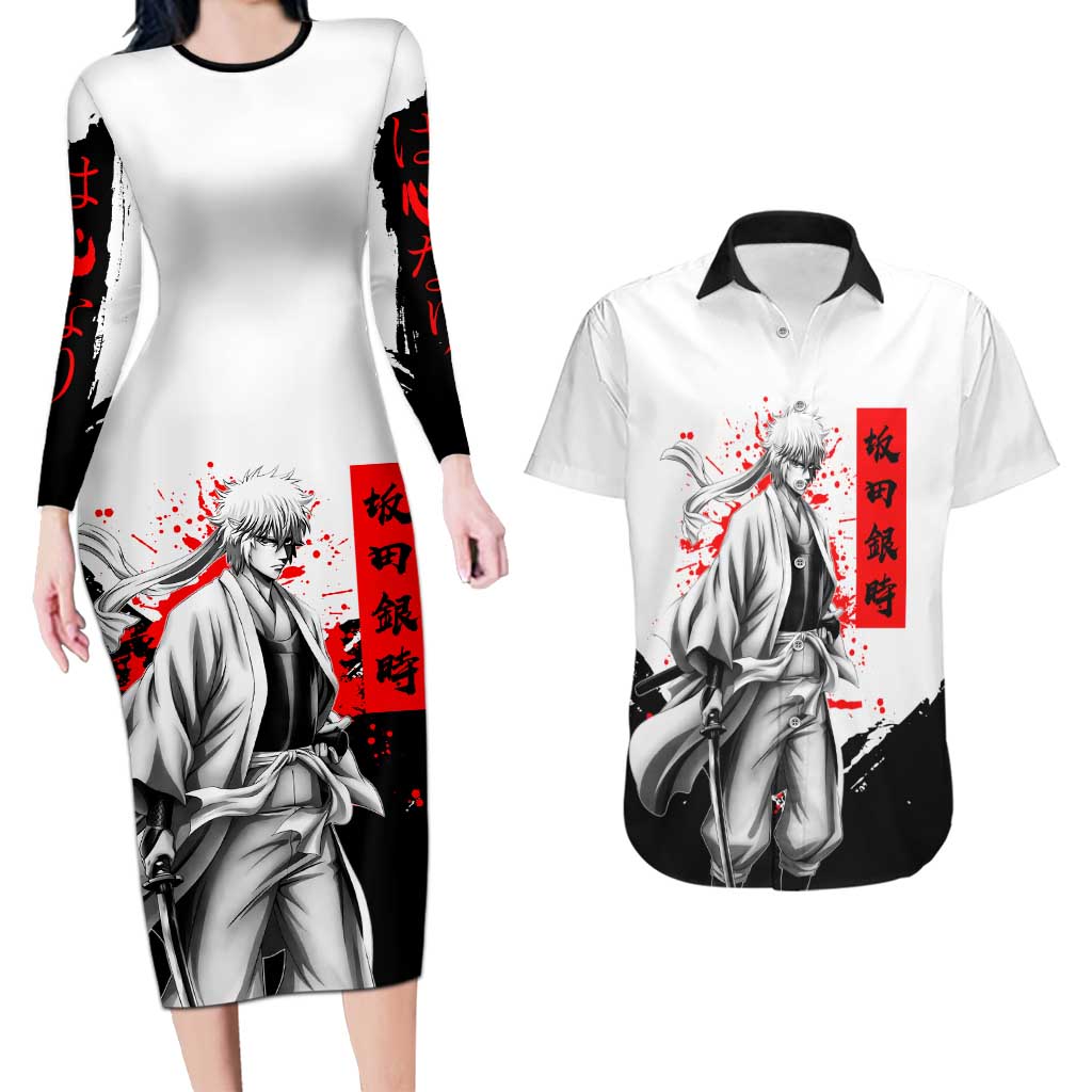 Gintoki Sakata Gintama Samurai Design Couples Matching Long Sleeve Bodycon Dress and Hawaiian Shirt with Katana, Red Kanji Calligraphy and Oni Mask Graphic - The Mazicc