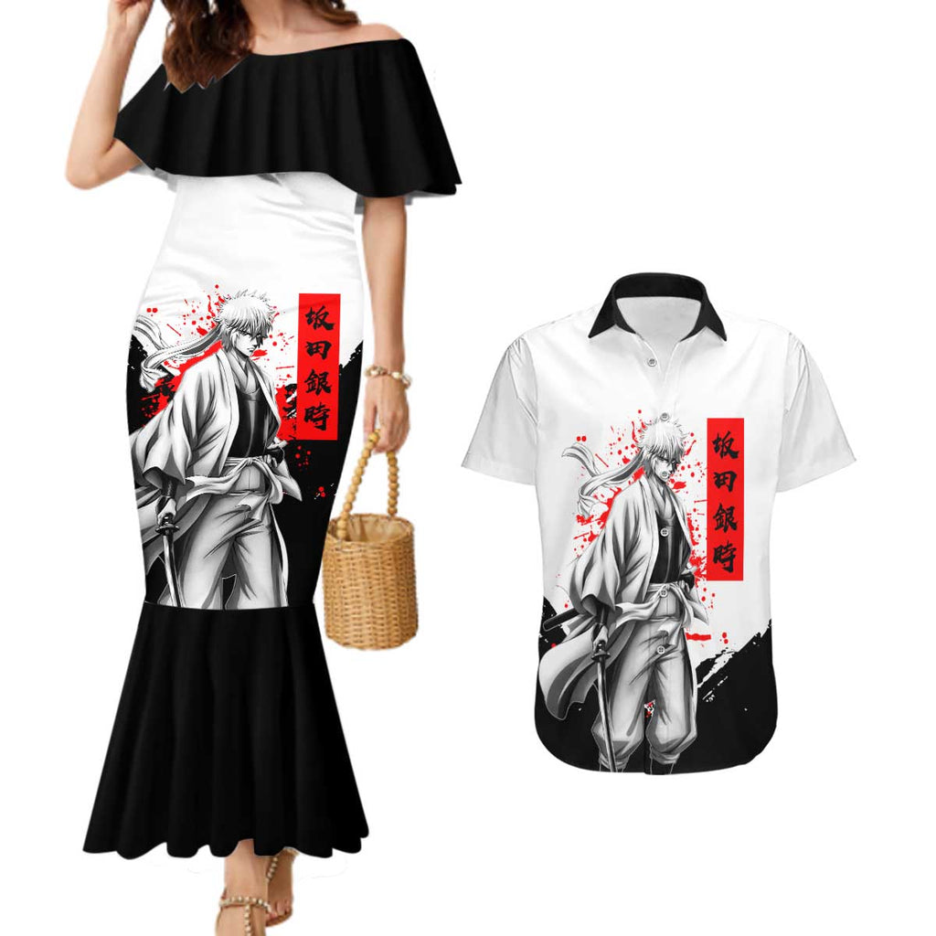 Gintoki Sakata Gintama Samurai Design Couples Matching Mermaid Dress and Hawaiian Shirt with Katana, Red Kanji Calligraphy and Oni Mask Graphic - The Mazicc