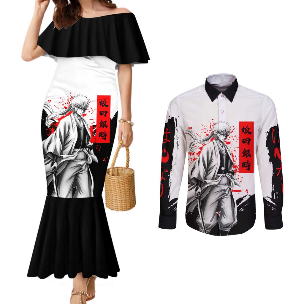 Gintoki Sakata Gintama Samurai Design Couples Matching Mermaid Dress and Long Sleeve Button Shirt with Katana, Red Kanji Calligraphy and Oni Mask Graphic - The Mazicc