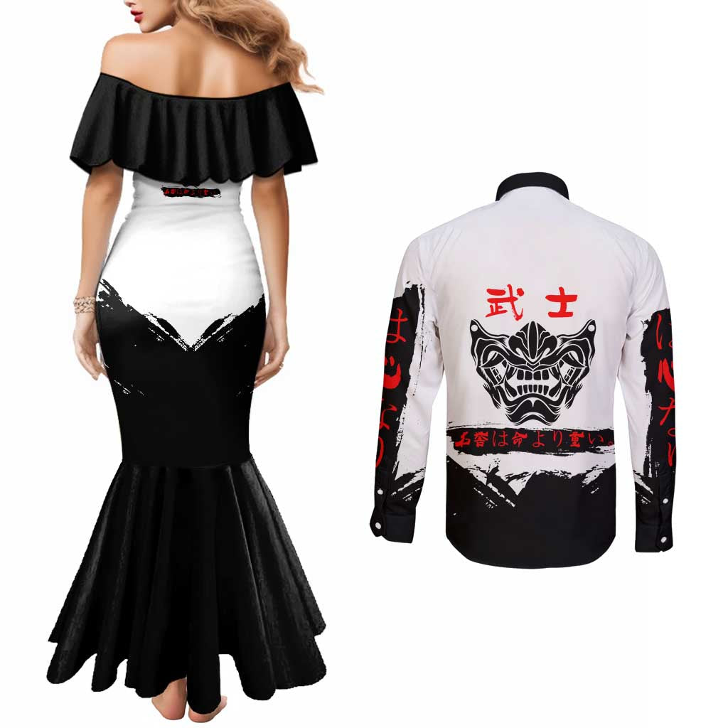 Gintoki Sakata Gintama Samurai Design Couples Matching Mermaid Dress and Long Sleeve Button Shirt with Katana, Red Kanji Calligraphy and Oni Mask Graphic - The Mazicc