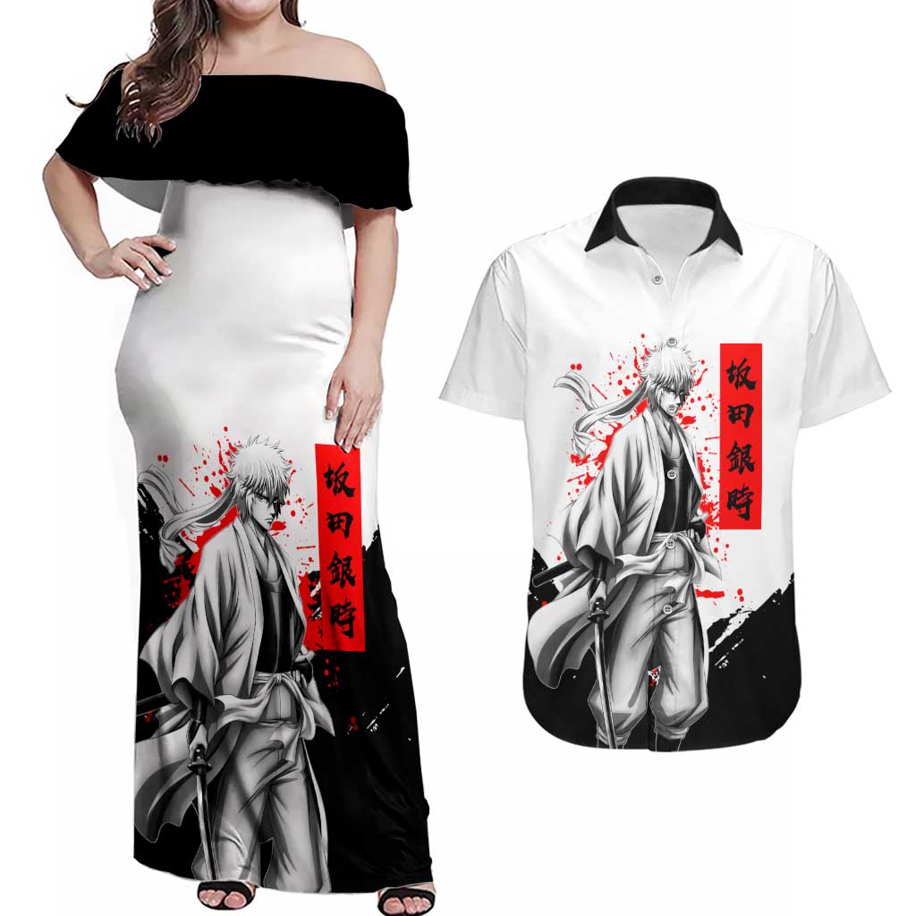 Gintoki Sakata Gintama Samurai Design Couples Matching Off Shoulder Maxi Dress and Hawaiian Shirt with Katana, Red Kanji Calligraphy and Oni Mask Graphic - The Mazicc