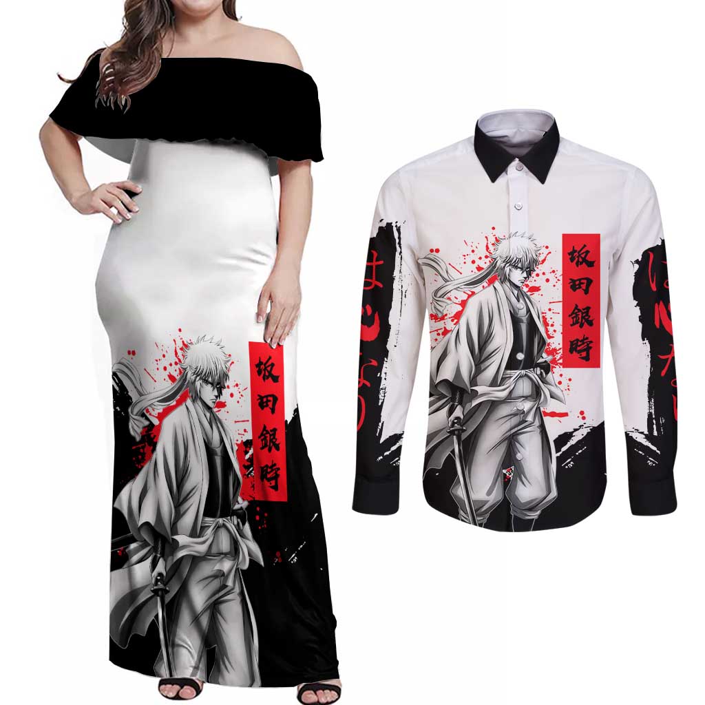 Gintoki Sakata Gintama Samurai Design Couples Matching Off Shoulder Maxi Dress and Long Sleeve Button Shirt with Katana, Red Kanji Calligraphy and Oni Mask Graphic - The Mazicc