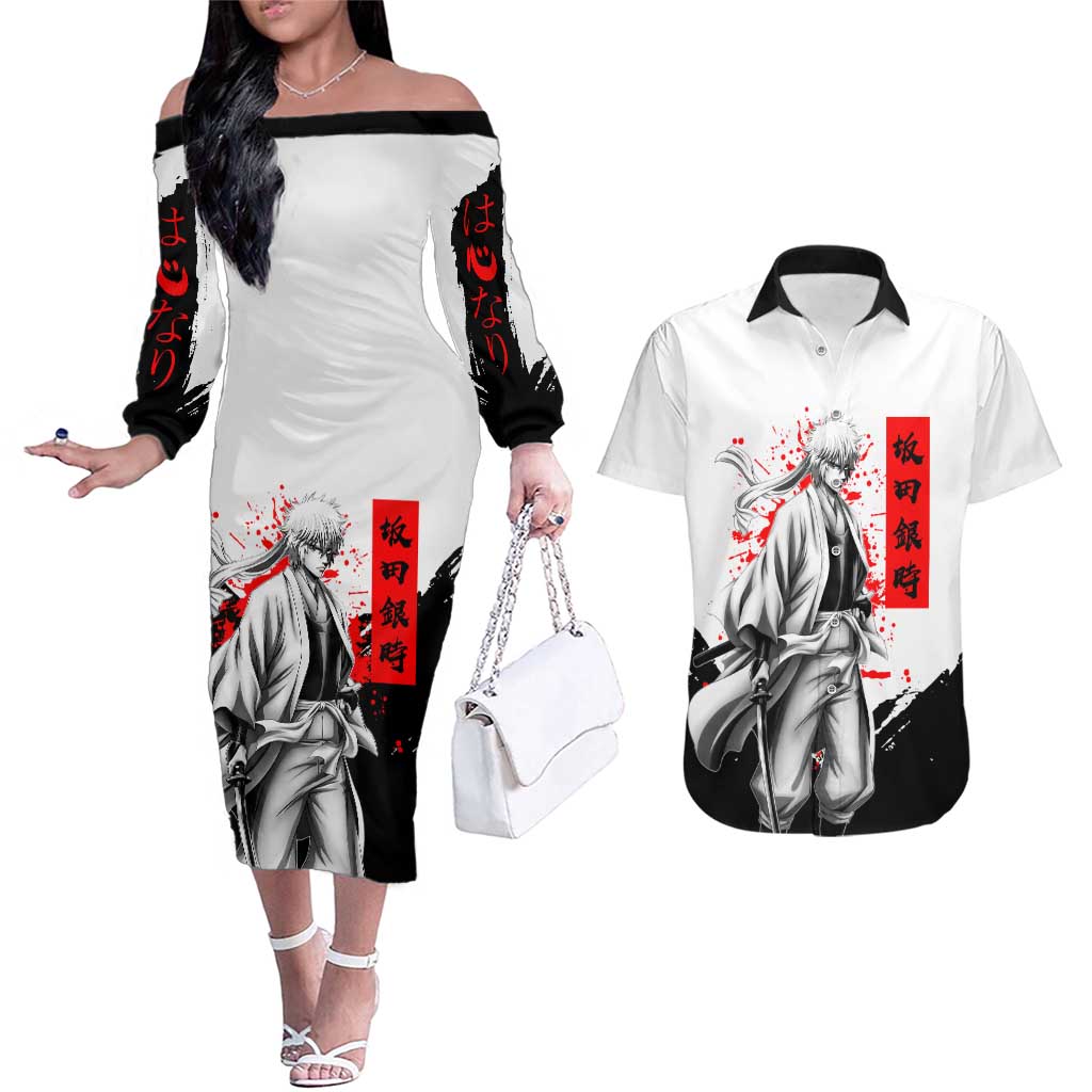 Gintoki Sakata Gintama Samurai Design Couples Matching Off The Shoulder Long Sleeve Dress and Hawaiian Shirt with Katana, Red Kanji Calligraphy and Oni Mask Graphic - The Mazicc