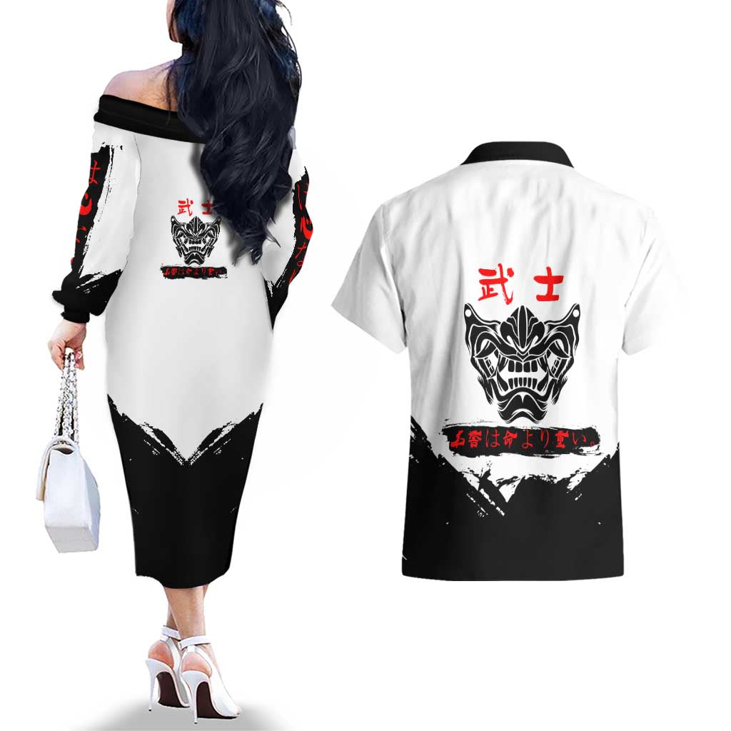 Gintoki Sakata Gintama Samurai Design Couples Matching Off The Shoulder Long Sleeve Dress and Hawaiian Shirt with Katana, Red Kanji Calligraphy and Oni Mask Graphic - The Mazicc