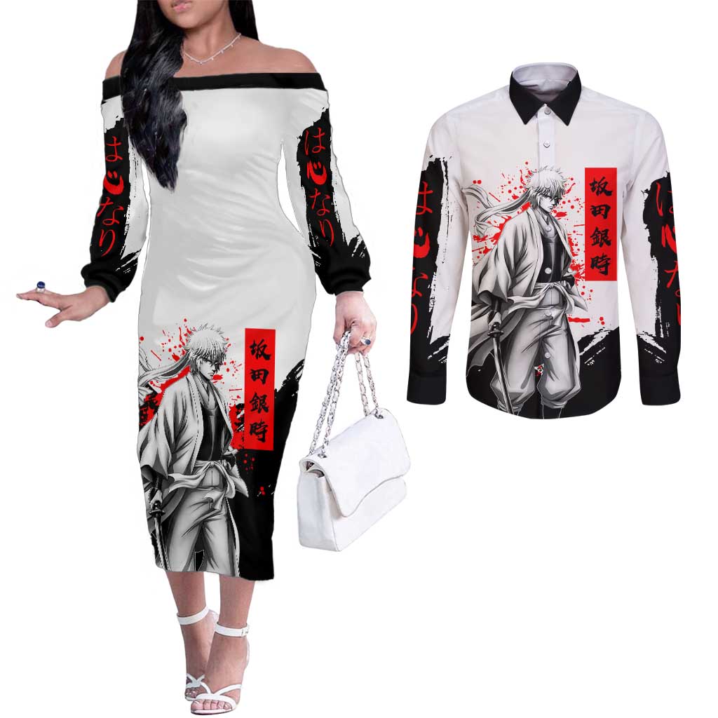 Gintoki Sakata Gintama Samurai Design Couples Matching Off The Shoulder Long Sleeve Dress and Long Sleeve Button Shirt with Katana, Red Kanji Calligraphy and Oni Mask Graphic - The Mazicc