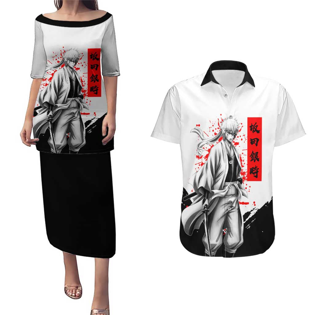 Gintoki Sakata Gintama Samurai Design Couples Matching Puletasi and Hawaiian Shirt with Katana, Red Kanji Calligraphy and Oni Mask Graphic - The Mazicc