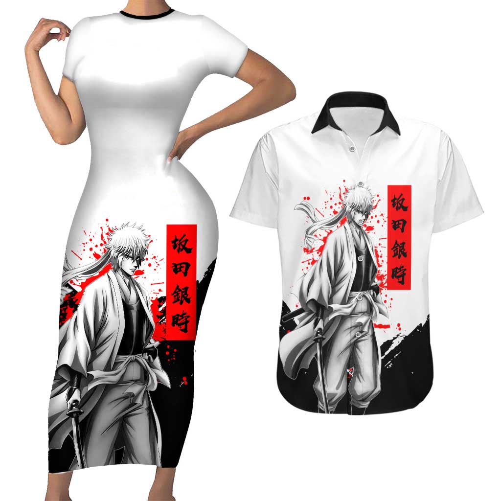 Gintoki Sakata Gintama Samurai Design Couples Matching Short Sleeve Bodycon Dress and Hawaiian Shirt with Katana, Red Kanji Calligraphy and Oni Mask Graphic - The Mazicc
