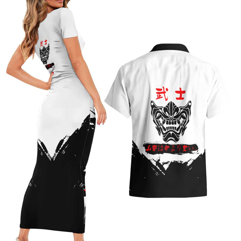 Gintoki Sakata Gintama Samurai Design Couples Matching Short Sleeve Bodycon Dress and Hawaiian Shirt with Katana, Red Kanji Calligraphy and Oni Mask Graphic - The Mazicc