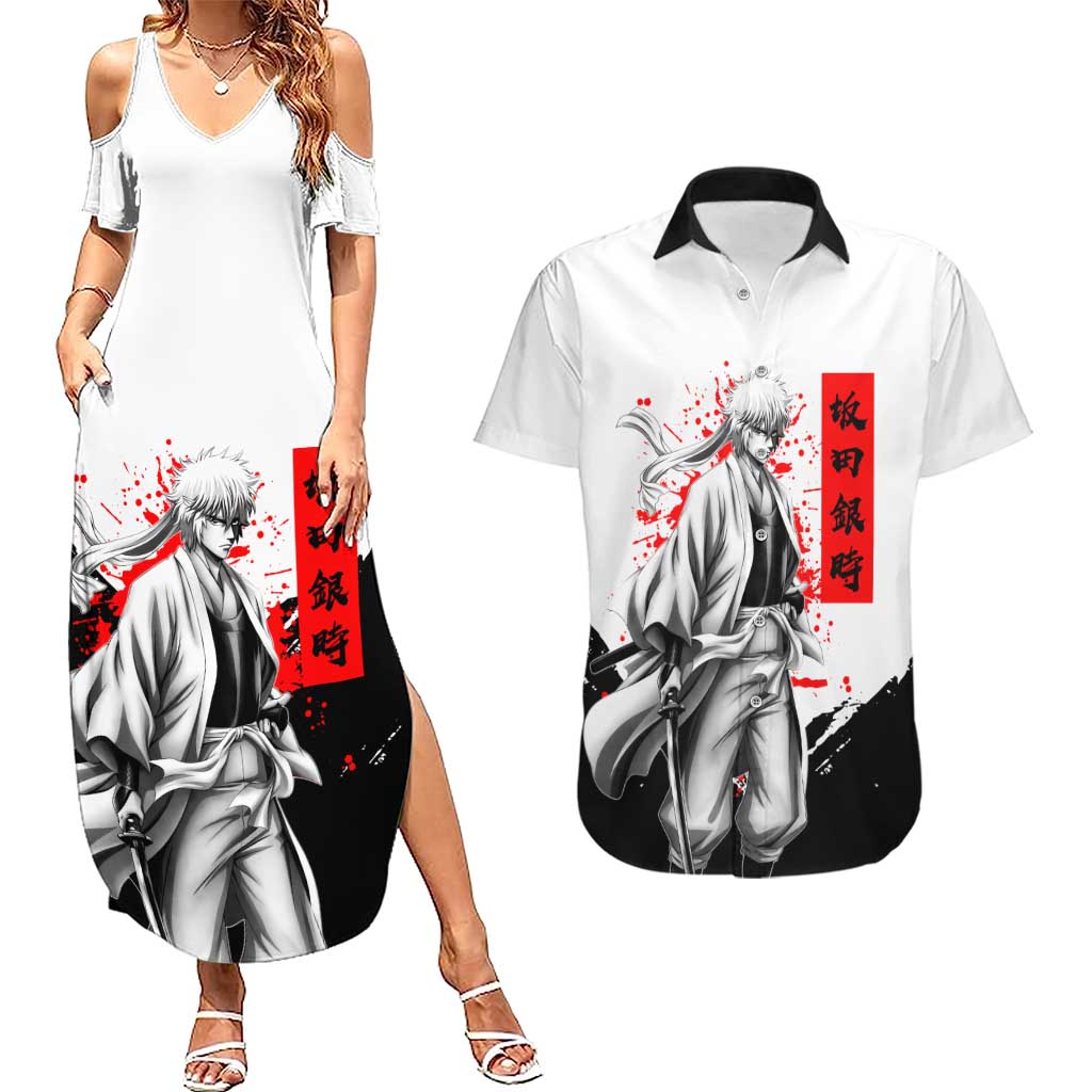 Gintoki Sakata Gintama Samurai Design Couples Matching Summer Maxi Dress and Hawaiian Shirt with Katana, Red Kanji Calligraphy and Oni Mask Graphic - The Mazicc