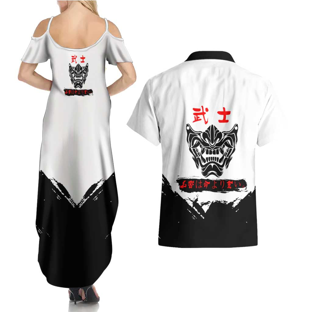 Gintoki Sakata Gintama Samurai Design Couples Matching Summer Maxi Dress and Hawaiian Shirt with Katana, Red Kanji Calligraphy and Oni Mask Graphic - The Mazicc