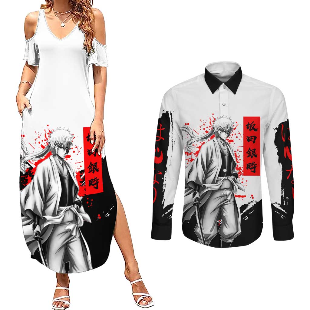 Gintoki Sakata Gintama Samurai Design Couples Matching Summer Maxi Dress and Long Sleeve Button Shirt with Katana, Red Kanji Calligraphy and Oni Mask Graphic - The Mazicc