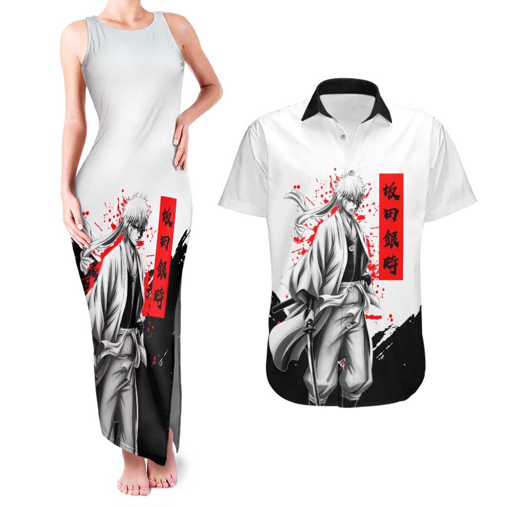 Gintoki Sakata Gintama Samurai Design Couples Matching Tank Maxi Dress and Hawaiian Shirt with Katana, Red Kanji Calligraphy and Oni Mask Graphic - The Mazicc
